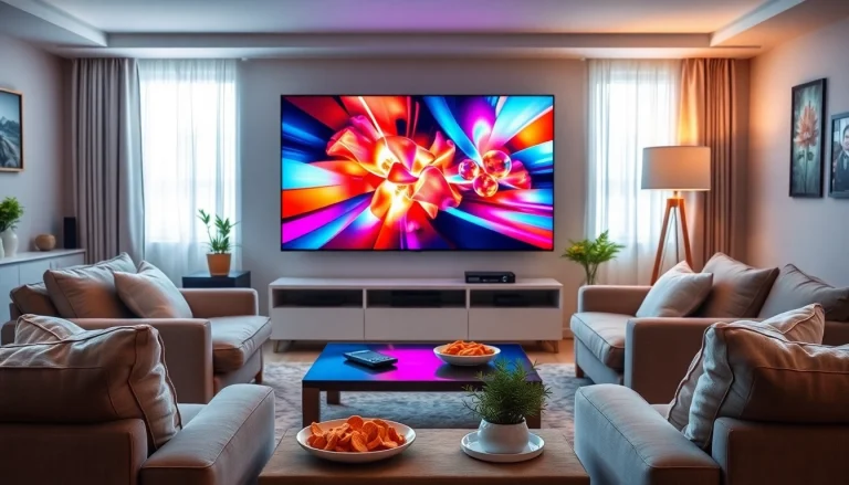 Erlebe IPTV Fernsehen über Internet in einem modernen und einladenden Wohnzimmer-Setup mit lebhaften Inhalten.