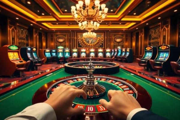 Engaging casino scene displaying CM88-inspired atmosphere with roulette table and poker chips.