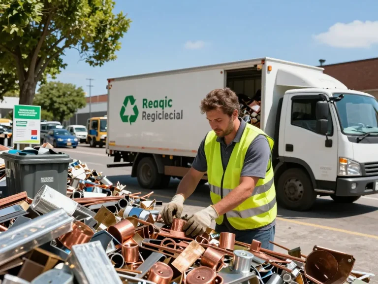 Effiziente Schrotthandelszene mit einem Fachmann, der Schrott zur Recycling sortiert, was Nachhaltigkeit und städtische Recyclinganstrengungen zeigt.
