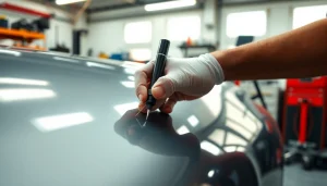 Spot Repair München: Techniker bei der Lackreparatur eines Autos in einer Werkstatt mit Werkzeugen.