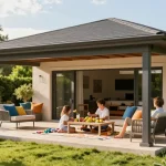 Freistehende Terrassenüberdachung mit einladendem Sitzbereich und grüner Umgebung für gemütliche Nachmittage.