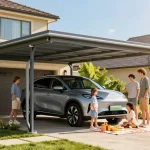 Moderne Carport-Struktur schützt ein Auto in einem sonnigen Garten mit fröhlicher Familie.