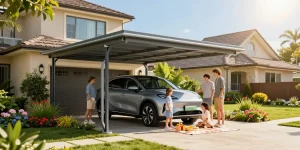 Moderne Carport-Struktur schützt ein Auto in einem sonnigen Garten mit fröhlicher Familie.