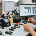 Experte für Autoschlüssel repariert Webseitenlink und Autoteile in Werkstatt