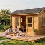 Gartenhaus Holz in einem einladenden Garten mit blühenden Blumen und einer Familie beim Picknick.