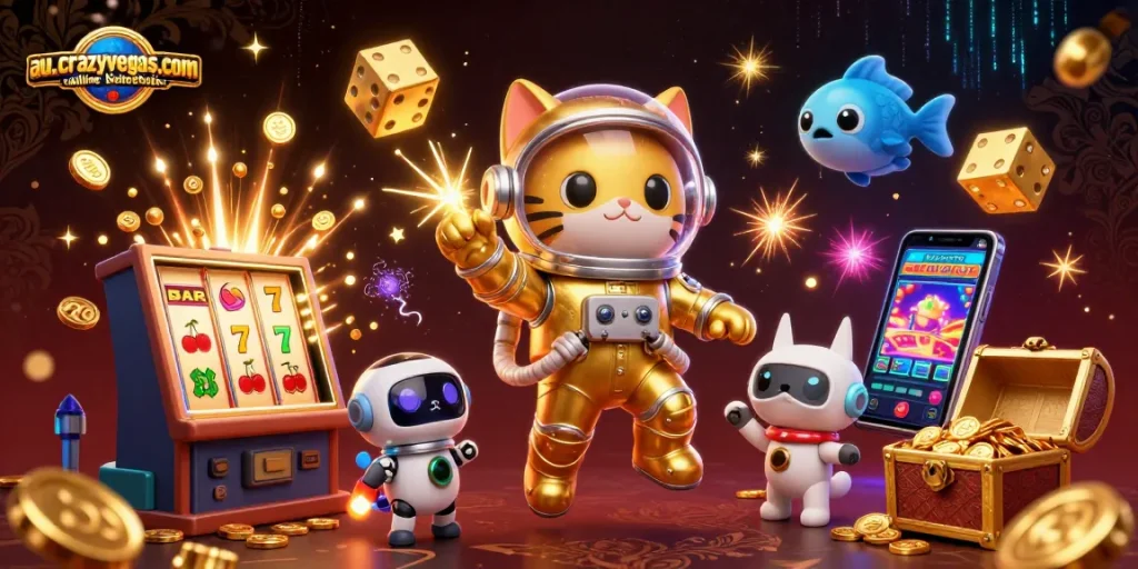 Engage with au.crazyvegas.com online blackjack through a dynamic 3D scene of a space astronaut cat, showcasing vibrant gaming elements.