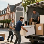 Umzugsunternehmen Worms, professionelle Umzugshelfer tragen Möbel in den Umzugswagen, Innenstadtansicht