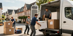 Umzugsunternehmen Worms, professionelle Umzugshelfer tragen Möbel in den Umzugswagen, Innenstadtansicht