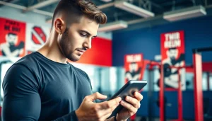 Analysing trenbolon preis with a trainer in a vibrant gym atmosphere.