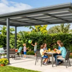 Familie genießt sonnigen Tag unter einer modernen Terrassenüberdachung aus Aluminium mit bunten Gerichten und Spielzeug im Garten.