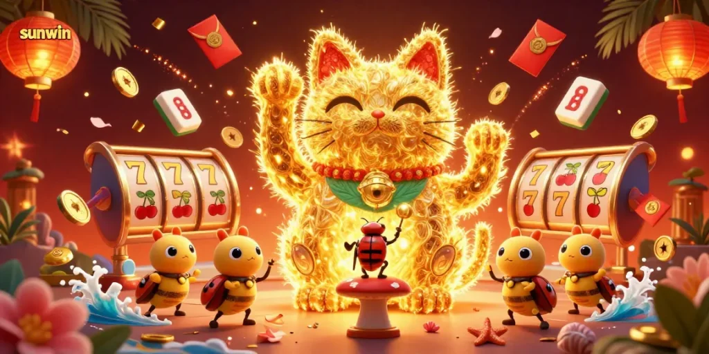 Engage in sunwin slots with a captivating lucky cat illustration and vibrant game elements.