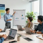 Team am Arbeitsplatz, das Führungskräfte bewertet, moderne Büroumgebung mit Präsentationen und Diskussionen.