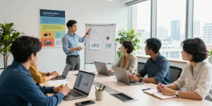 Team am Arbeitsplatz, das Führungskräfte bewertet, moderne Büroumgebung mit Präsentationen und Diskussionen.
